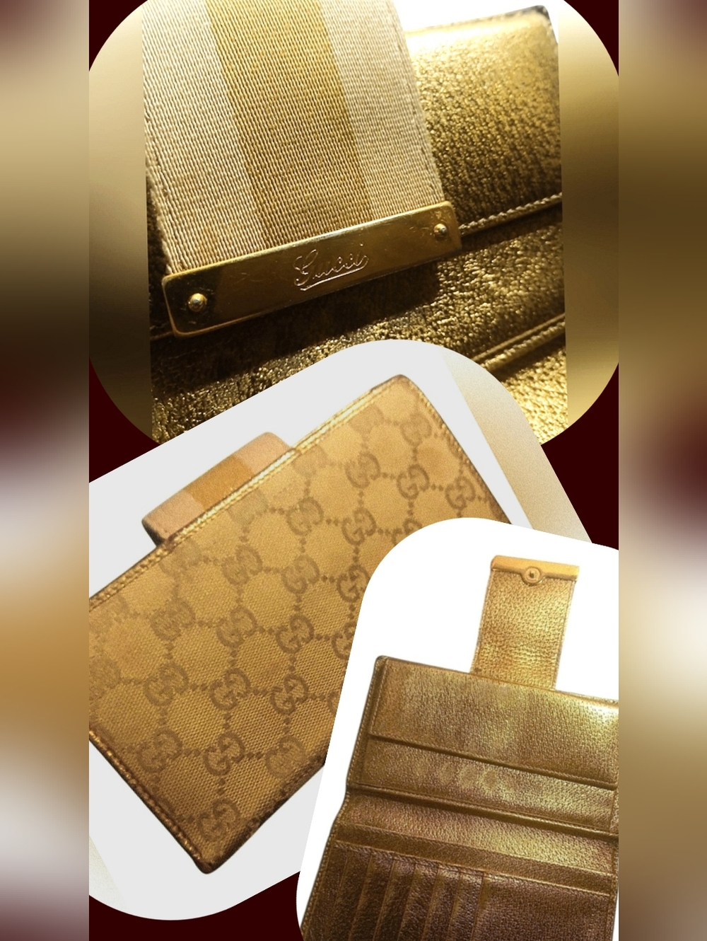 Gucci Metallic Gold Stripe Monogram Wallet With Magnetic Closure Leather/canvas